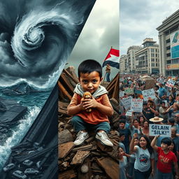 A dramatic and emotional representation of the challenges faced by people during natural disasters and social movements