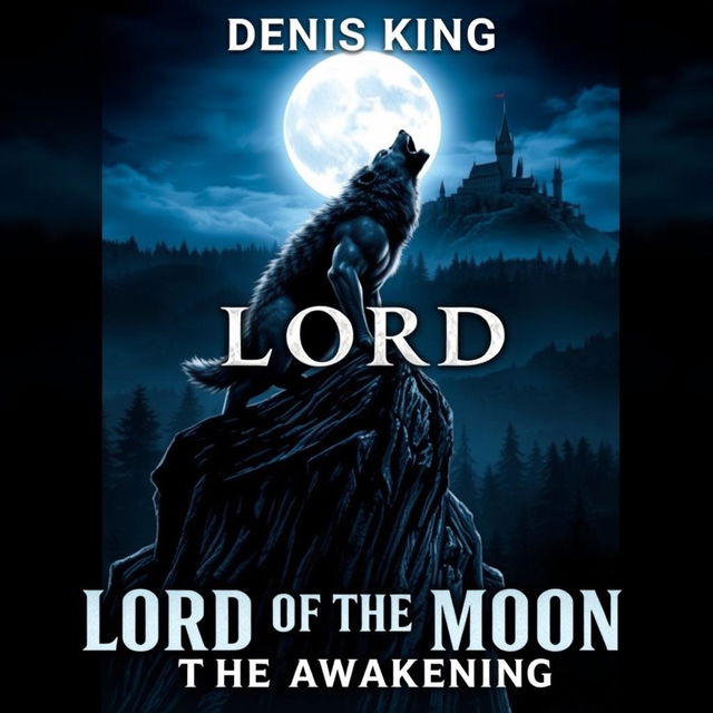 An intriguing book cover for 'LORD OF THE MOON' by Denis King, showcasing an intense scene featuring a powerful werewolf standing atop a cliff, howling at a full moon that casts a luminous glow over the landscape