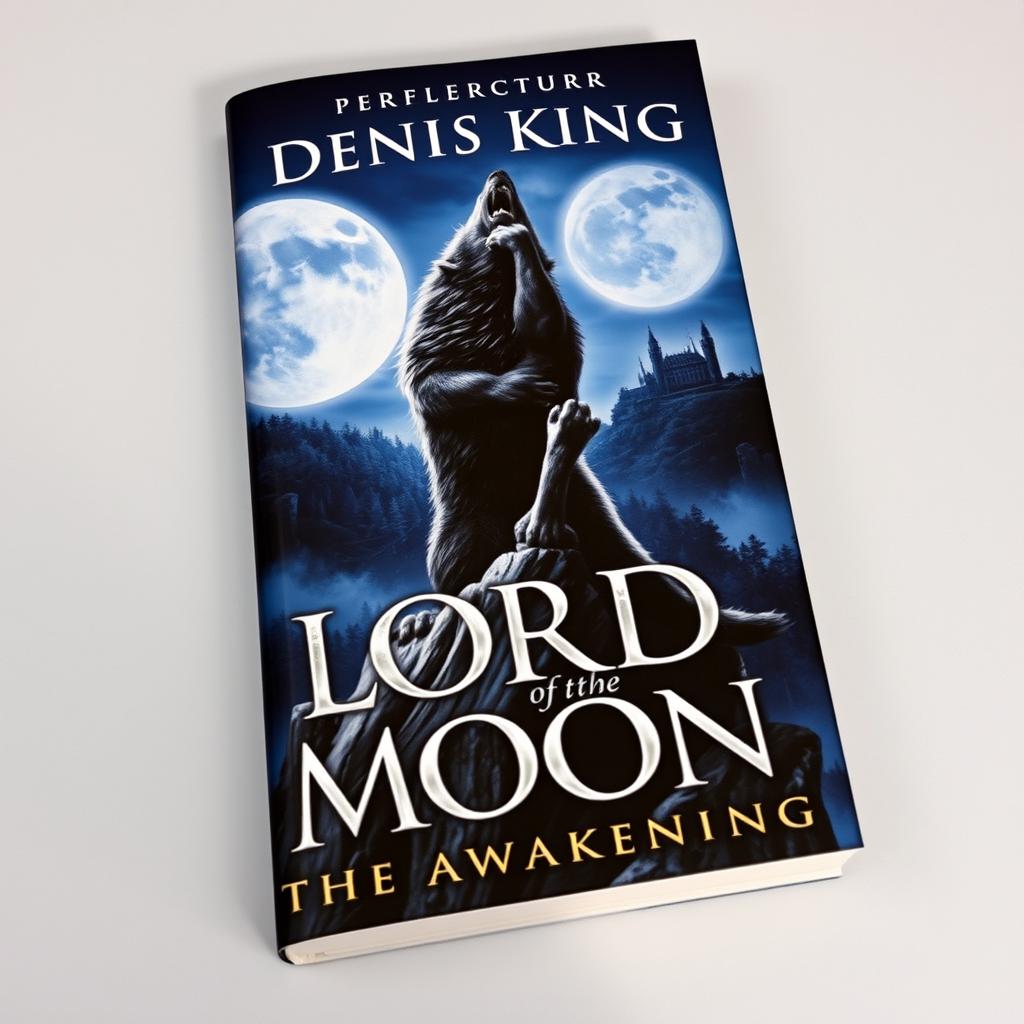 An intriguing book cover for 'LORD OF THE MOON' by Denis King, showcasing an intense scene featuring a powerful werewolf standing atop a cliff, howling at a full moon that casts a luminous glow over the landscape