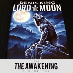 An intriguing book cover for 'LORD OF THE MOON' by Denis King, showcasing an intense scene featuring a powerful werewolf standing atop a cliff, howling at a full moon that casts a luminous glow over the landscape