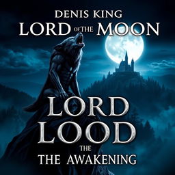 An intriguing book cover for 'LORD OF THE MOON' by Denis King, showcasing an intense scene featuring a powerful werewolf standing atop a cliff, howling at a full moon that casts a luminous glow over the landscape