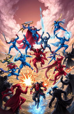 An epic battle between nine blue heroes and nine red villains, depicted as powerful and dynamic characters in a fantastical landscape