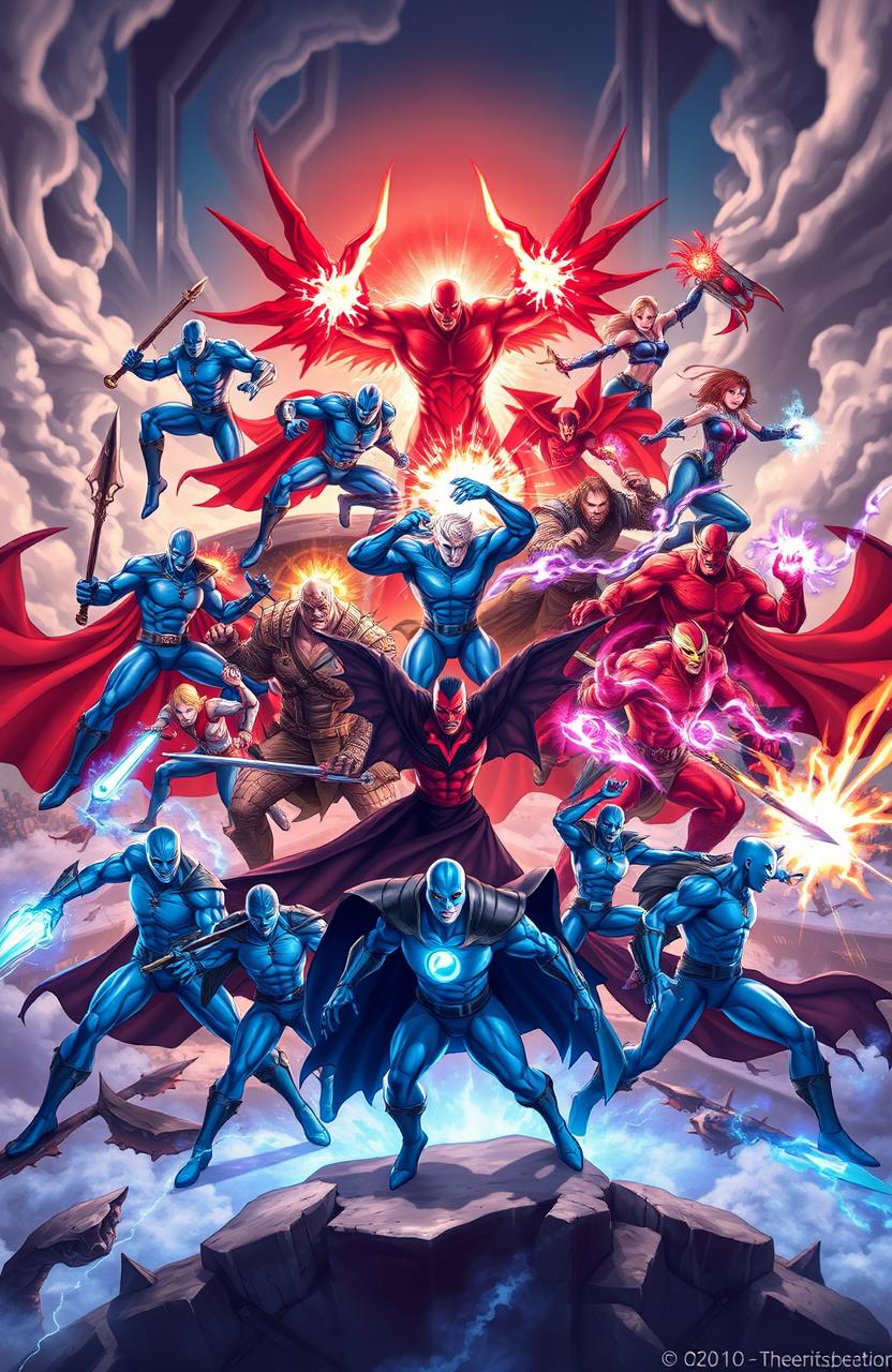 An epic battle between nine blue heroes and nine red villains, depicted as powerful and dynamic characters in a fantastical landscape