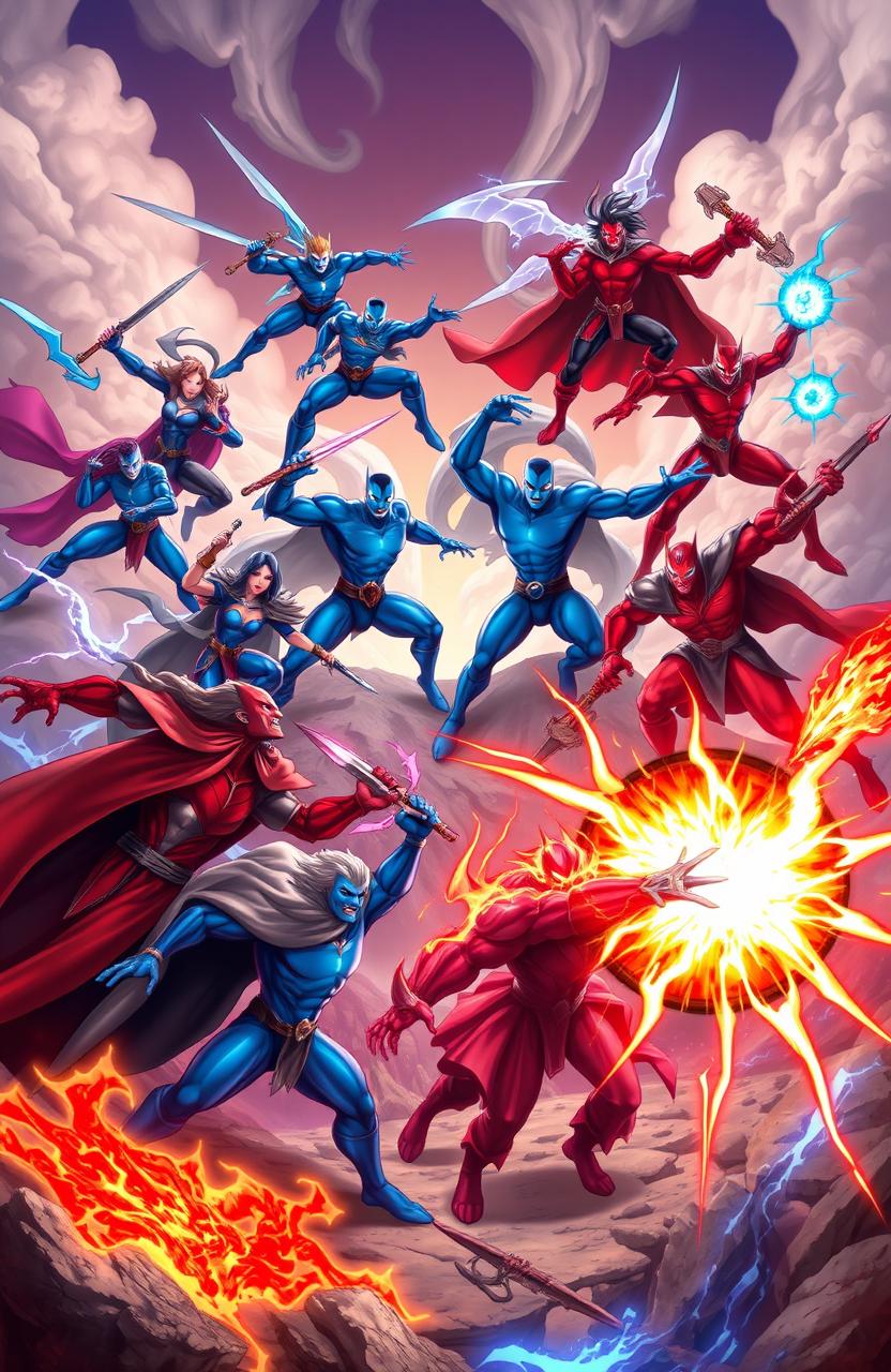 An epic battle between nine blue heroes and nine red villains, depicted as powerful and dynamic characters in a fantastical landscape