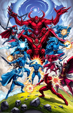 An epic battle between nine blue heroes and nine red villains, depicted as powerful and dynamic characters in a fantastical landscape