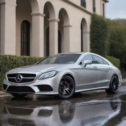 A pristine and highly professional Mercedes-Benz CLS500 in a polished silver color, shot in an elegant setting with glossy reflections.