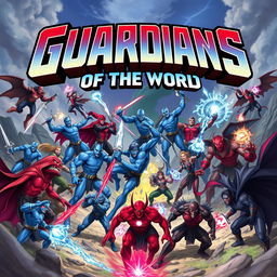 An epic battle between nine blue heroes and nine red villains, depicted as powerful and dynamic characters in a fantastical landscape