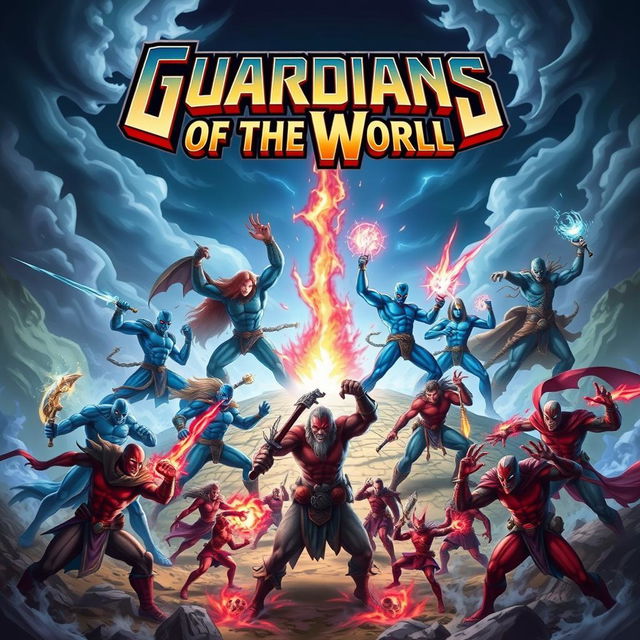 An epic battle between nine blue heroes and nine red villains, depicted as powerful and dynamic characters in a fantastical landscape