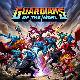 An epic battle between nine blue heroes and nine red villains, depicted as powerful and dynamic characters in a fantastical landscape