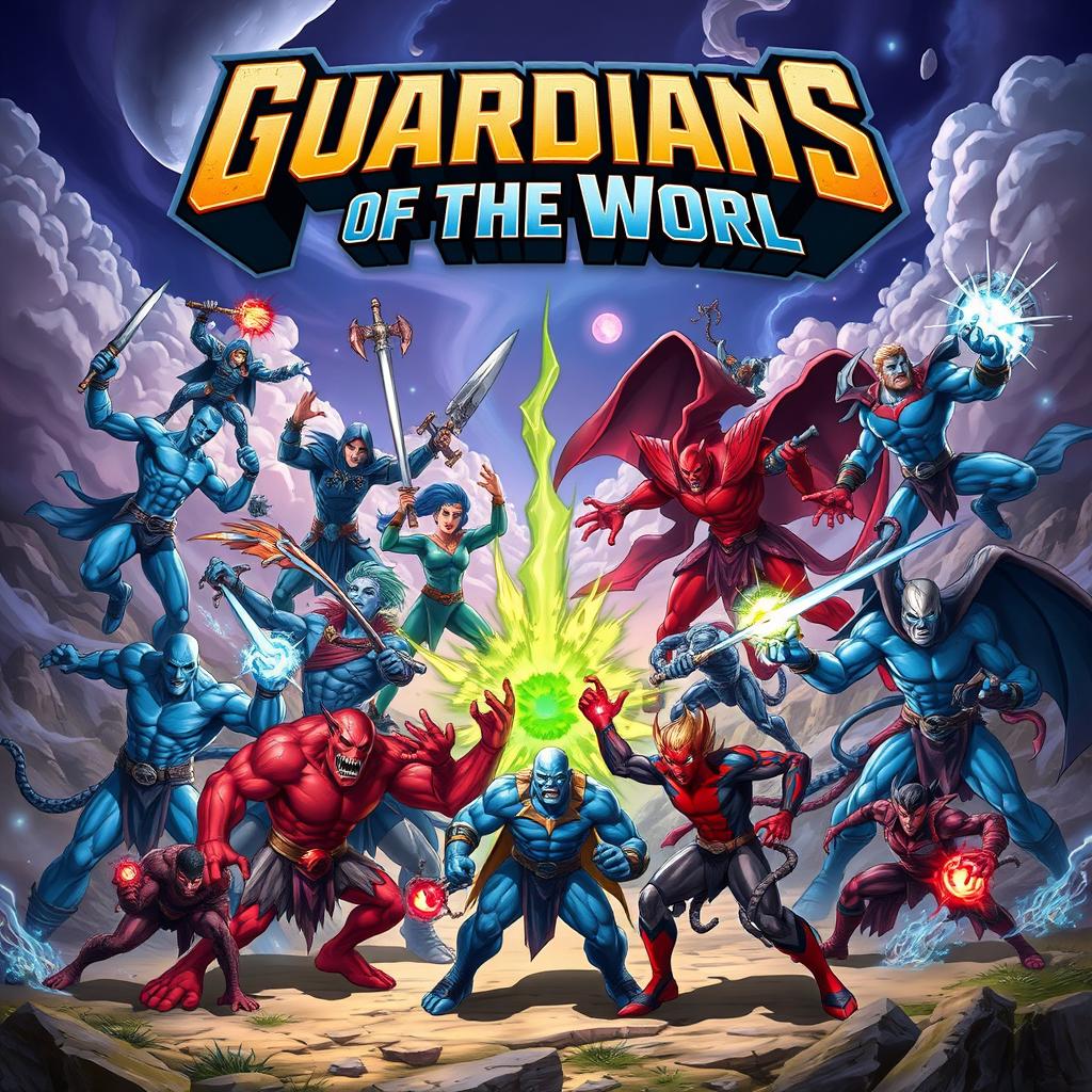 An epic battle between nine blue heroes and nine red villains, depicted as powerful and dynamic characters in a fantastical landscape