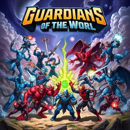 An epic battle between nine blue heroes and nine red villains, depicted as powerful and dynamic characters in a fantastical landscape