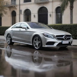 A pristine and highly professional Mercedes-Benz CLS500 in a polished silver color, shot in an elegant setting with glossy reflections.