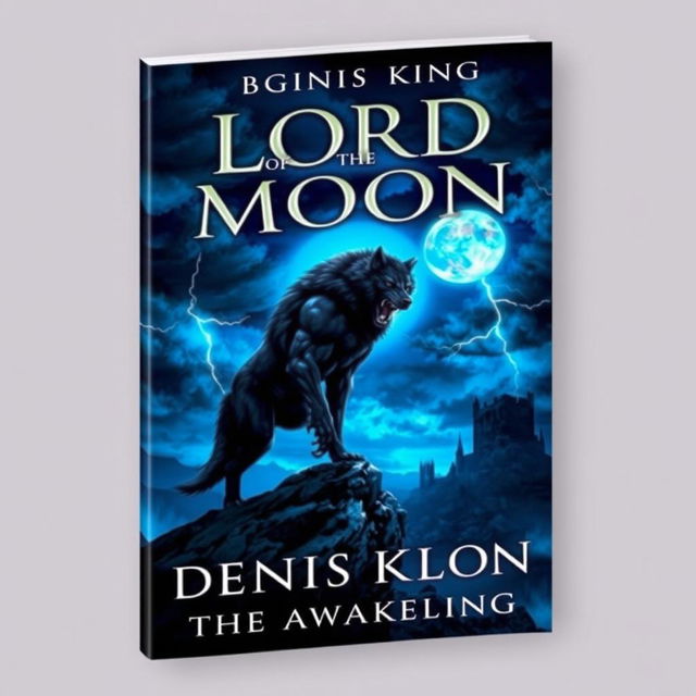 An eye-catching book cover for 'LORD OF THE MOON' by Denis King, featuring a dramatic scene with a fierce werewolf standing on a rocky ledge, illuminated by a brilliant full moon that bathes the landscape in a blue glow