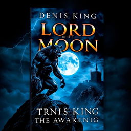 An eye-catching book cover for 'LORD OF THE MOON' by Denis King, featuring a dramatic scene with a fierce werewolf standing on a rocky ledge, illuminated by a brilliant full moon that bathes the landscape in a blue glow