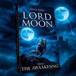 An eye-catching book cover for 'LORD OF THE MOON' by Denis King, featuring a dramatic scene with a fierce werewolf standing on a rocky ledge, illuminated by a brilliant full moon that bathes the landscape in a blue glow