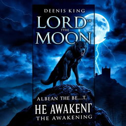 An eye-catching book cover for 'LORD OF THE MOON' by Denis King, featuring a dramatic scene with a fierce werewolf standing on a rocky ledge, illuminated by a brilliant full moon that bathes the landscape in a blue glow