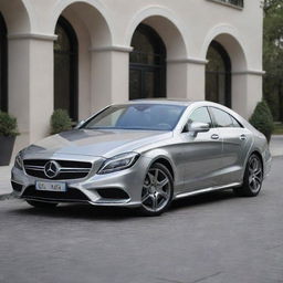 A pristine and highly professional Mercedes-Benz CLS500 in a polished silver color, shot in an elegant setting with glossy reflections.