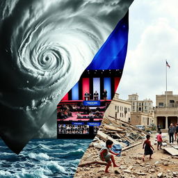 A thought-provoking collage that highlights the intersection of a hurricane, the US presidential elections, and the situation in Gaza