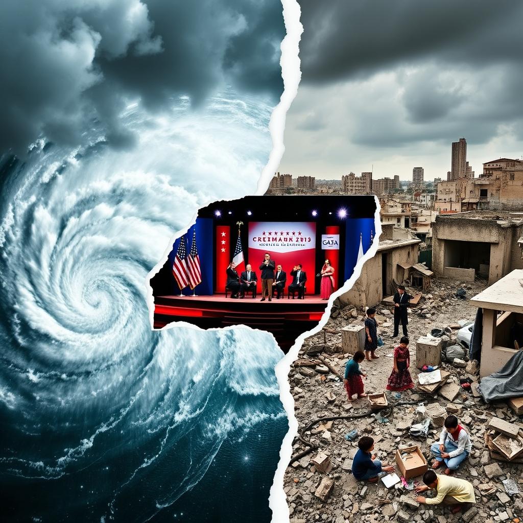 A thought-provoking collage that highlights the intersection of a hurricane, the US presidential elections, and the situation in Gaza