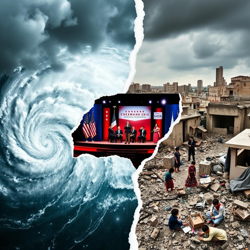 A thought-provoking collage that highlights the intersection of a hurricane, the US presidential elections, and the situation in Gaza