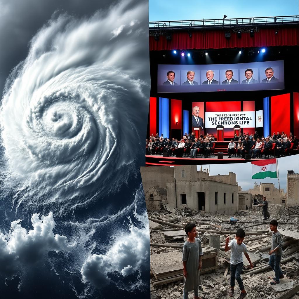 A thought-provoking collage that highlights the intersection of a hurricane, the US presidential elections, and the situation in Gaza