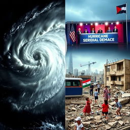 A thought-provoking collage that highlights the intersection of a hurricane, the US presidential elections, and the situation in Gaza