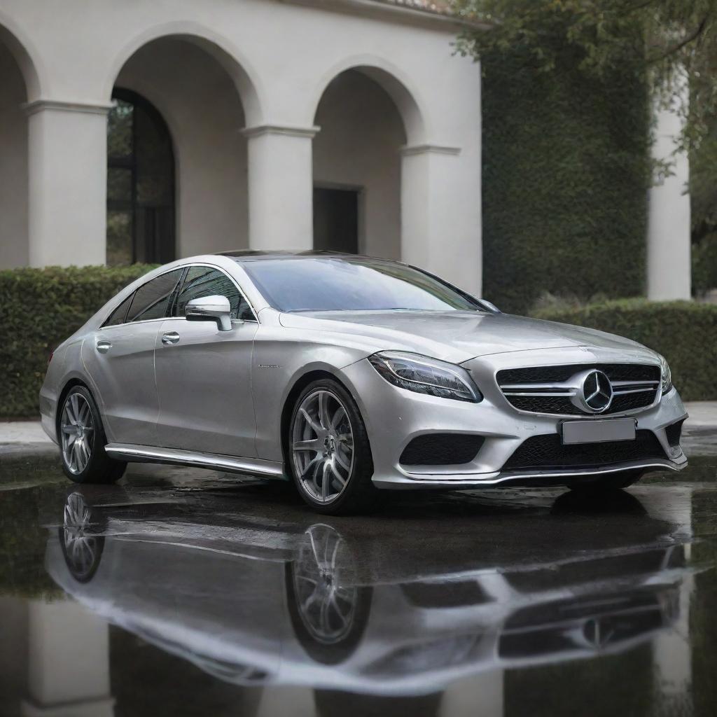 A pristine and highly professional Mercedes-Benz CLS500 in a polished silver color, shot in an elegant setting with glossy reflections.