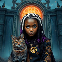 Large transparent gates of Valhalla loom behind an African American female teen with slitted purple bobcat eyes and white locs with purple ends, showcasing her angular features