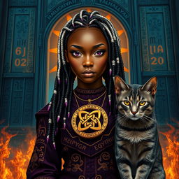 Large transparent gates of Valhalla loom behind an African American female teen with slitted purple bobcat eyes and white locs with purple ends, showcasing her angular features