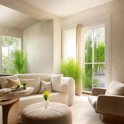 A beautifully designed, serene room filled with natural light, plush comfortable furniture and indoor plants. Calming colors and modern decor complete the peaceful ambiance.