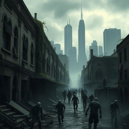 An abandoned city overrun by zombies, with crumbling buildings covered in vines and moss, streets littered with debris and remnants of civilization