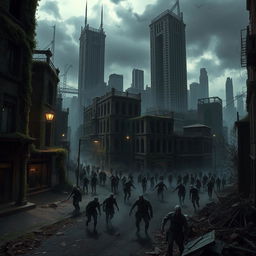 An abandoned city overrun by zombies, with crumbling buildings covered in vines and moss, streets littered with debris and remnants of civilization