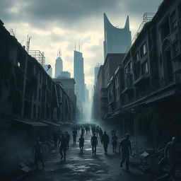 An abandoned city overrun by zombies, with crumbling buildings covered in vines and moss, streets littered with debris and remnants of civilization