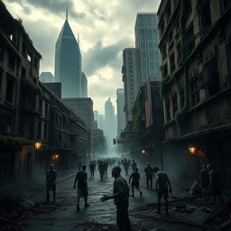 An abandoned city overrun by zombies, with crumbling buildings covered in vines and moss, streets littered with debris and remnants of civilization