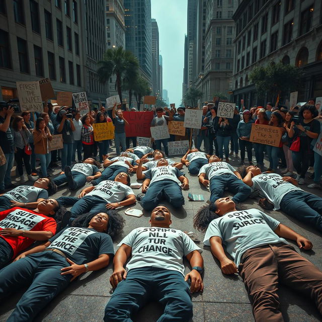 A powerful and realistic depiction of a die-in protest, showcasing participants lying on the ground in dramatic poses to symbolize the urgency of their cause