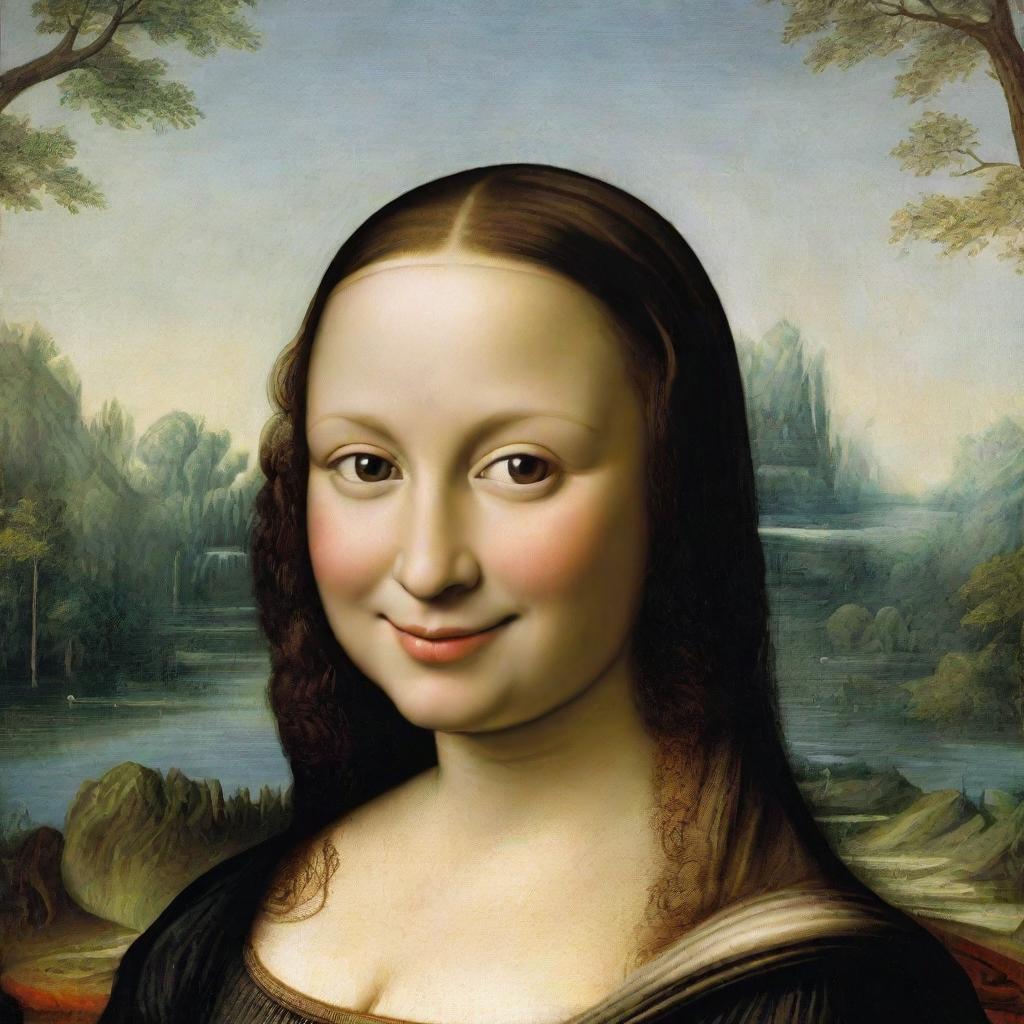 Rewrite of Mona Lisa portrait where her head is replaced with SpongeBob SquarePants' head, maintaining the iconic smile and tranquil forest background.