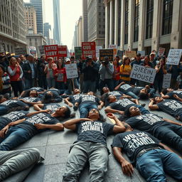 A powerful and realistic depiction of a die-in protest, showcasing participants lying on the ground in dramatic poses to symbolize the urgency of their cause