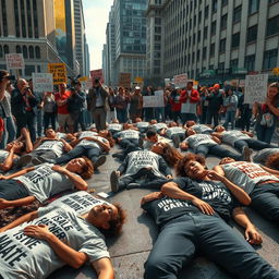 A powerful and realistic depiction of a die-in protest, showcasing participants lying on the ground in dramatic poses to symbolize the urgency of their cause