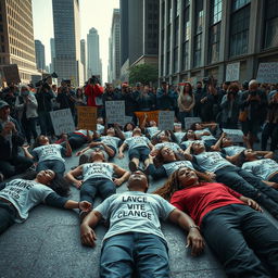 A powerful and realistic depiction of a die-in protest, showcasing participants lying on the ground in dramatic poses to symbolize the urgency of their cause