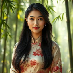 A portrait of a beautiful Asian woman with long, flowing black hair, wearing an elegant, traditional silk dress adorned with intricate floral patterns