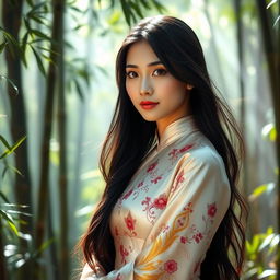 A portrait of a beautiful Asian woman with long, flowing black hair, wearing an elegant, traditional silk dress adorned with intricate floral patterns