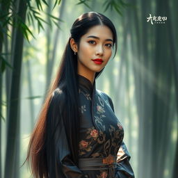 A portrait of a beautiful Asian woman with long, flowing black hair, wearing an elegant, traditional silk dress adorned with intricate floral patterns