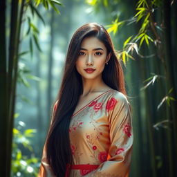 A portrait of a beautiful Asian woman with long, flowing black hair, wearing an elegant, traditional silk dress adorned with intricate floral patterns