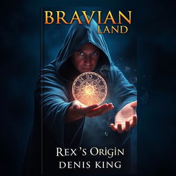 A mesmerizing book cover for 'BRAVIAN LAND' by Denis King, depicting a mysterious sorcerer cloaked in a flowing hood, casting an intricate arcane spell with glowing runes and magical energy swirling around their hands