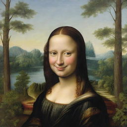 Rewrite of Mona Lisa portrait where her head is replaced with SpongeBob SquarePants' head, maintaining the iconic smile and tranquil forest background.