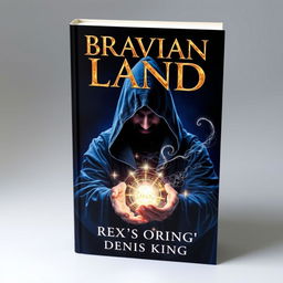 A mesmerizing book cover for 'BRAVIAN LAND' by Denis King, depicting a mysterious sorcerer cloaked in a flowing hood, casting an intricate arcane spell with glowing runes and magical energy swirling around their hands