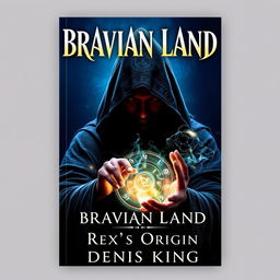 A mesmerizing book cover for 'BRAVIAN LAND' by Denis King, depicting a mysterious sorcerer cloaked in a flowing hood, casting an intricate arcane spell with glowing runes and magical energy swirling around their hands