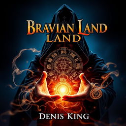 A mesmerizing book cover for 'BRAVIAN LAND' by Denis King, depicting a mysterious sorcerer cloaked in a flowing hood, casting an intricate arcane spell with glowing runes and magical energy swirling around their hands