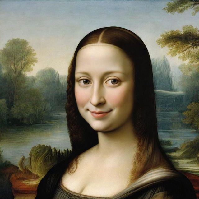 Rewrite of Mona Lisa portrait where her head is replaced with SpongeBob SquarePants' head, maintaining the iconic smile and tranquil forest background.