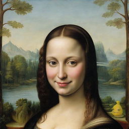 Rewrite of Mona Lisa portrait where her head is replaced with SpongeBob SquarePants' head, maintaining the iconic smile and tranquil forest background.